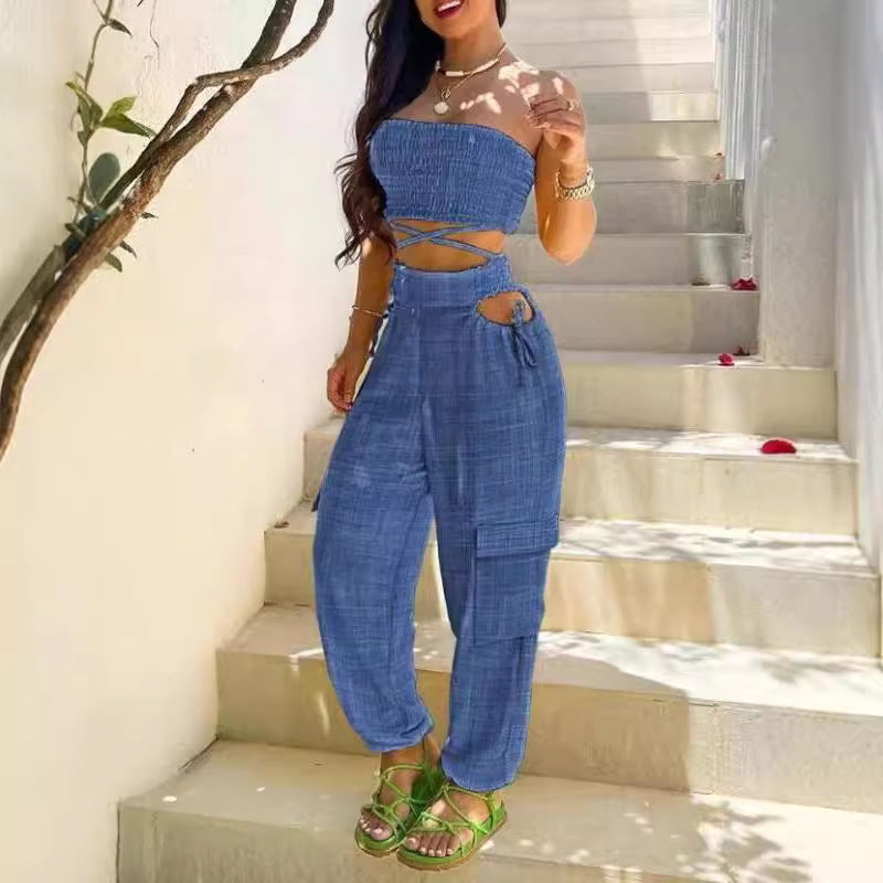 Damen Modischer Zweiteiler bestehend aus Crop Top und Cargo-Hose Drune