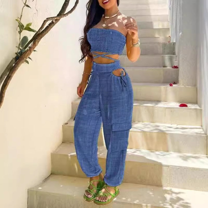 Damen Modischer Zweiteiler bestehend aus Crop Top und Cargo-Hose Drune