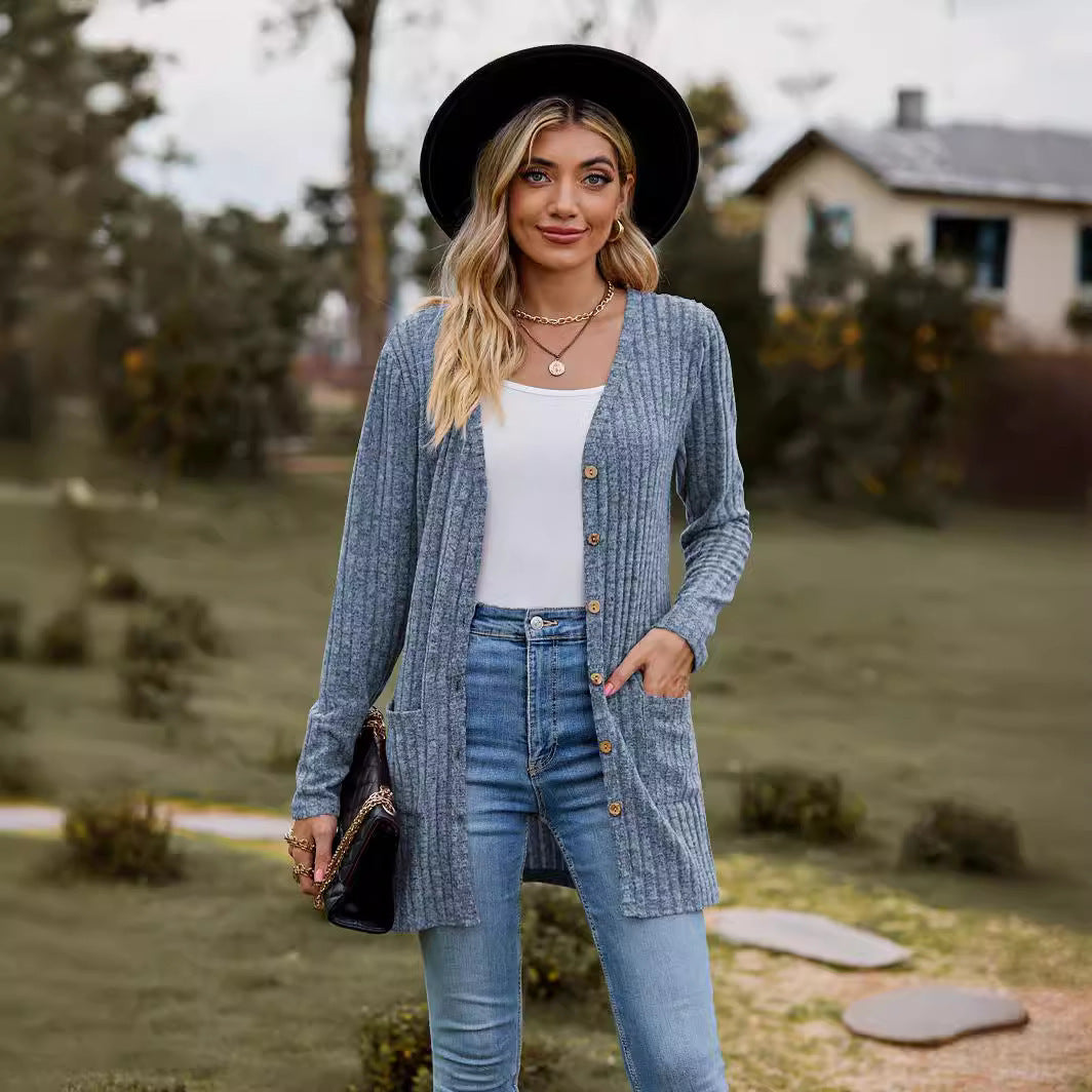 Damen Lang geschnittene Rippstrick‑Cardigan mit Knopfleiste und Eingrifftaschen Drune