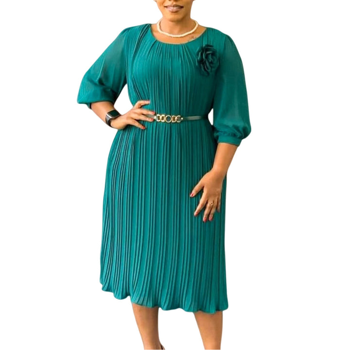 Damen Plissee Midi-Kleid mit eleganter Blumenapplikation und abnehmbarem Gürtel Drune