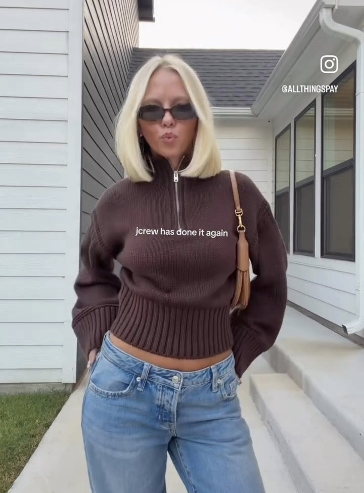 Damen Cropped Strickpullover mit halbem Reißverschluss, Stehkragen und Ballonärmeln Drune