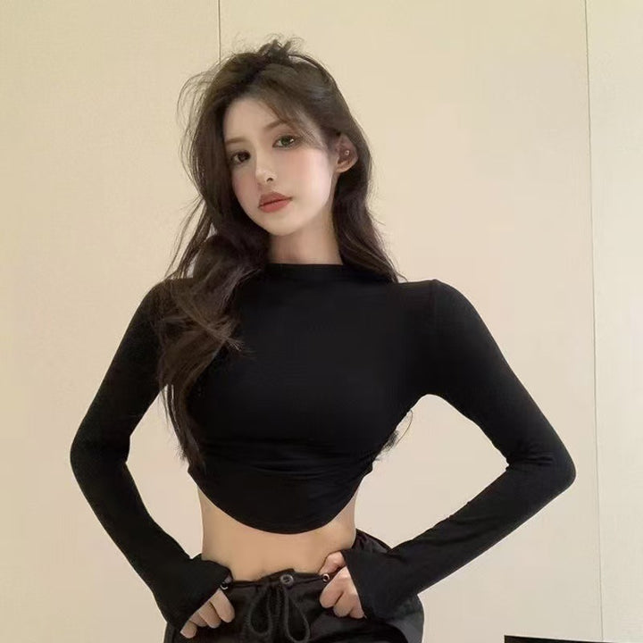 Damen Figurnahes Langarm-Cropped-Top mit Stehkragen, seitlicher Raffung und verlängerten Ärmeln Drune