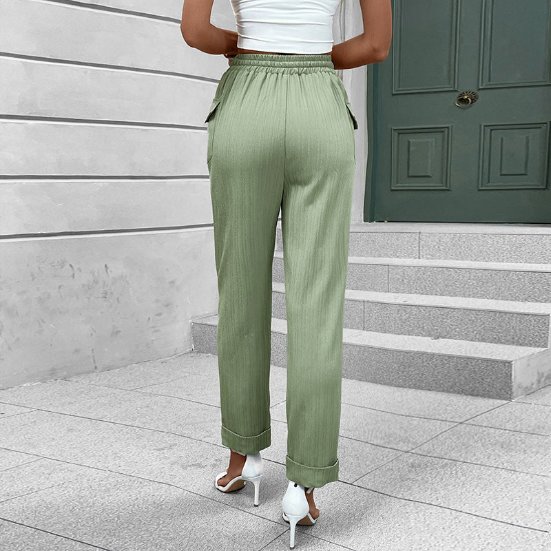 Damen Leichte High‑Waist-Hose mit Gummibund, Kordelzug und aufgesetzten Taschen Drune