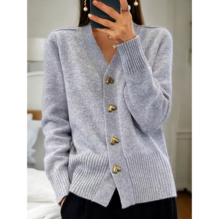 Damen kuschelige Strickjacke mit Herzknöpfen und V-Ausschnitt Drune