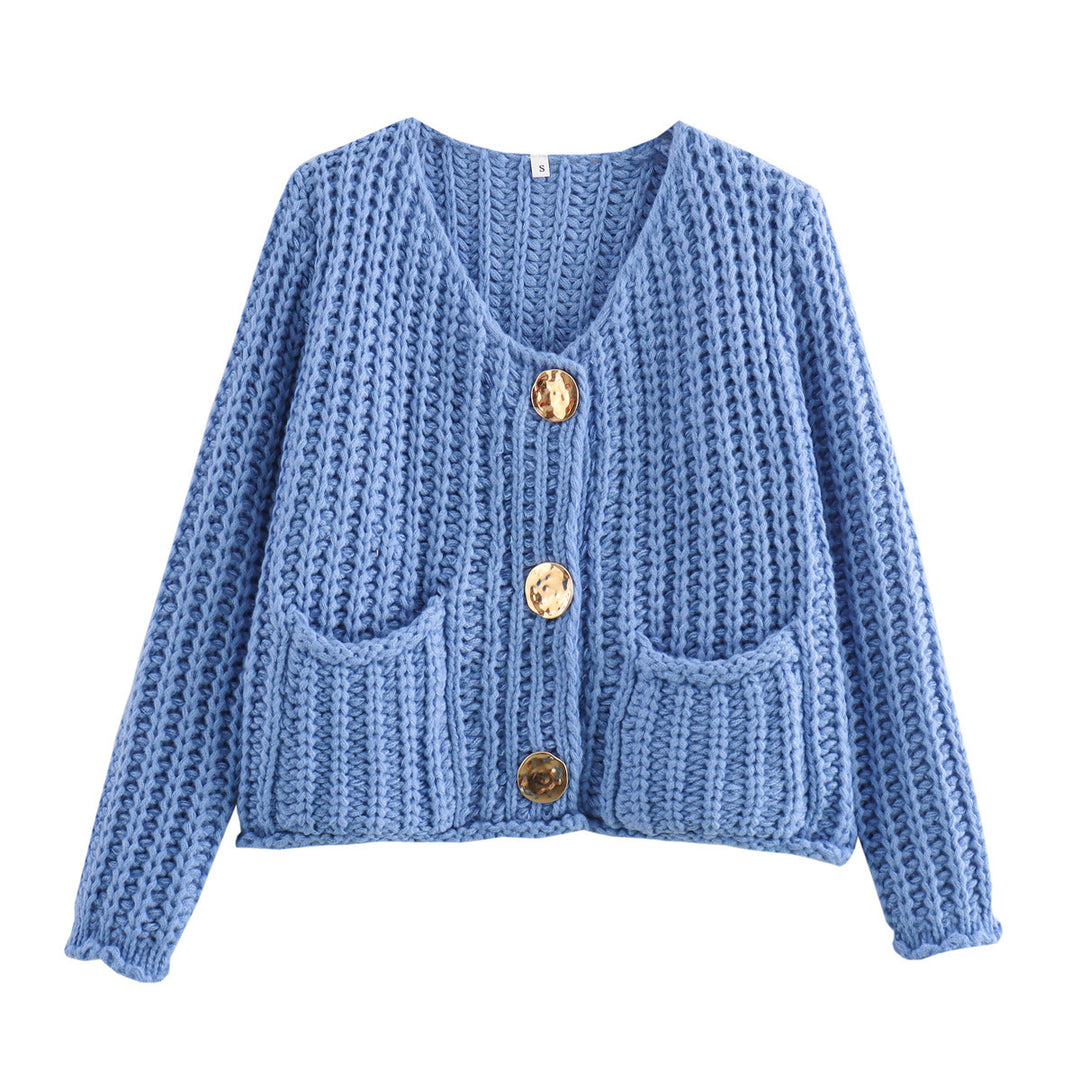 Damen Kurzcardigan im Rippen-Grobstrick mit aufgesetzten Taschen und Statementknöpfen Drune
