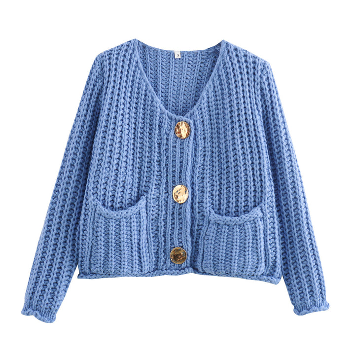 Damen Kurzcardigan im Rippen-Grobstrick mit aufgesetzten Taschen und Statementknöpfen Drune