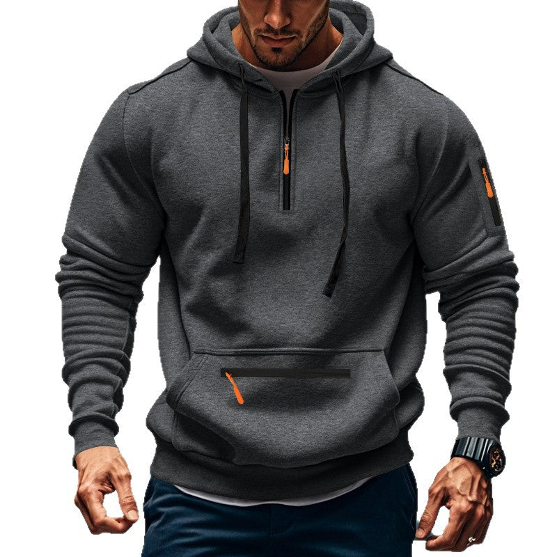 Herren nan technischer Halbzip-Outdoor-Hoodie mit verdeckter Kängurutasche, Reißverschluss-Ärmeltasche und integriertem Kabelkanal Drune