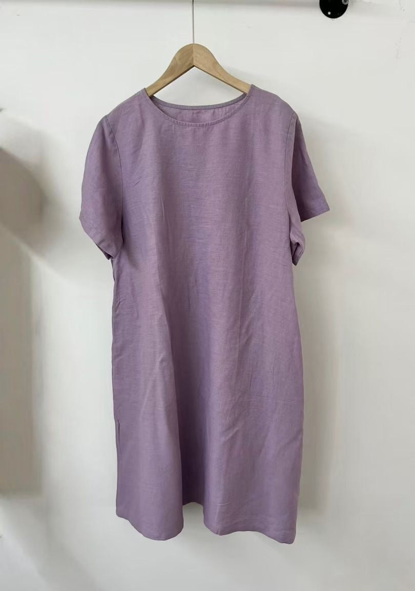 Damen Lässig Kurzarm Leinenkleid Drune