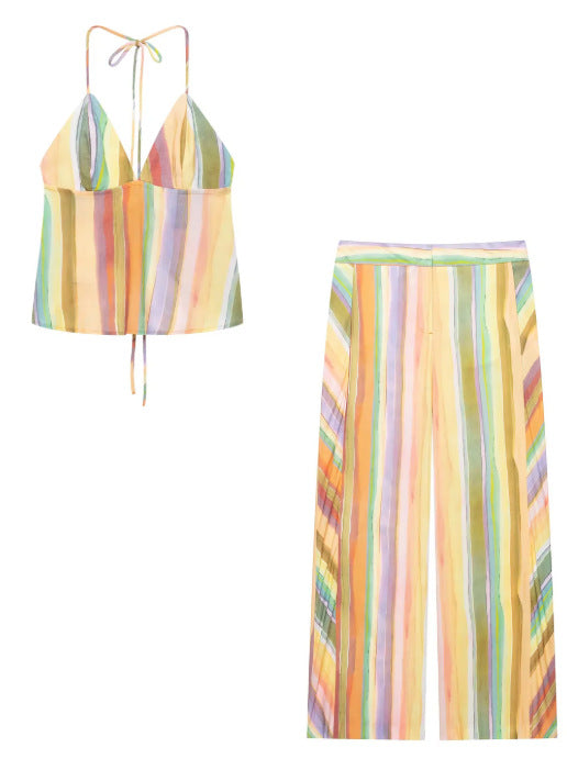 Damen Hochgeschnittene Palazzo‑Hose mit mehrfarbigem Aquarell‑Streifenmuster Drune