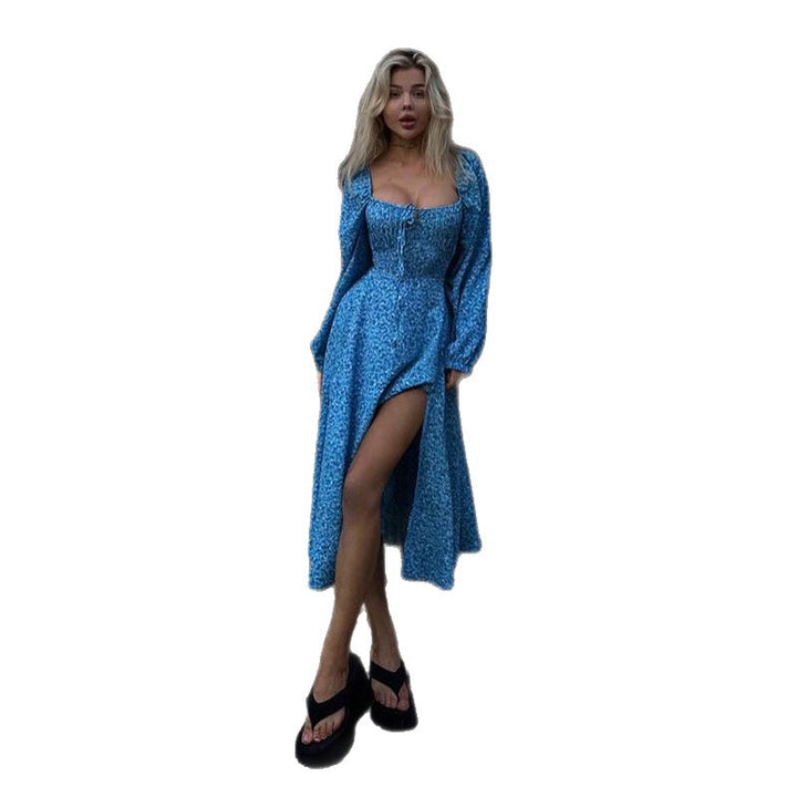 Damen Vintage-inspiriertes Midikleid mit quadratischem Ausschnitt, geraffter Brustpartie und langen Ärmeln Drune