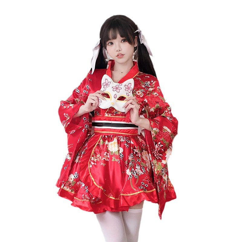 Damen Kimono-Kleid mit eleganter Schärpe und weitem Ärmel Drune