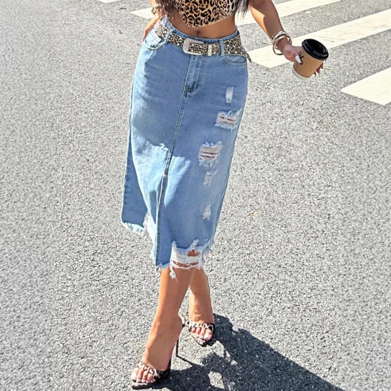 Damen Denim-Midirock mit Fransen Frontschlitz und Used-Effekten Drune