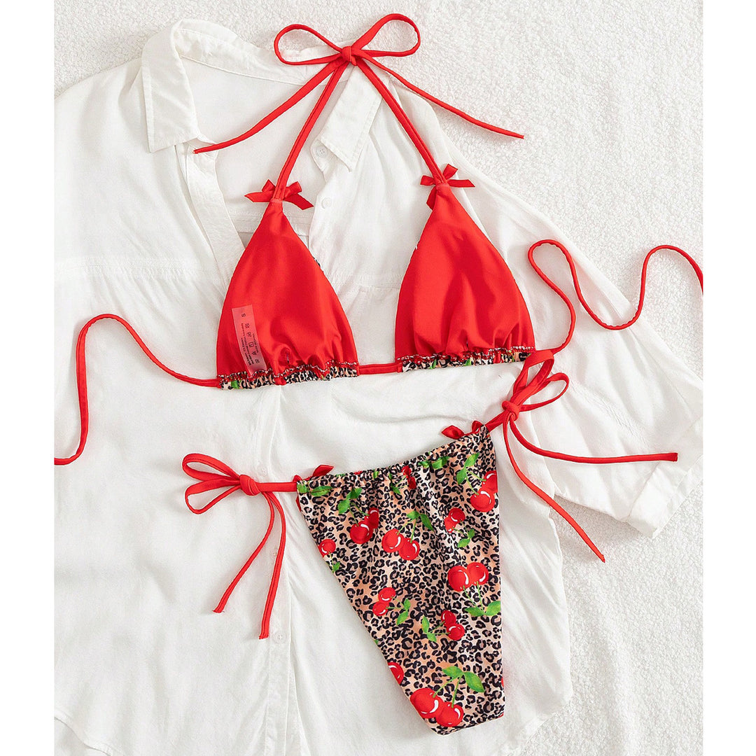Damen Triangel-Bikini mit floralem Kirschmuster und verspielten Details Drune