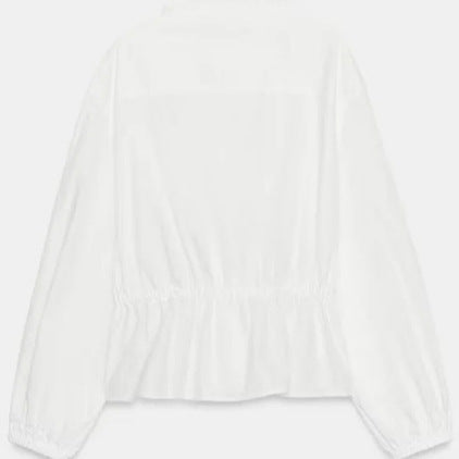 Damen Romantische Baumwoll‑Rüschenbluse mit Highneck, Kordelzugtaillierung und Volant‑Saum Drune