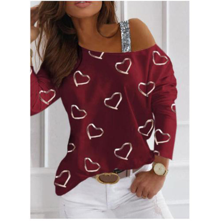 Damen Off-Shoulder Strickpullover mit Herzprint und Paillettenträger Drune