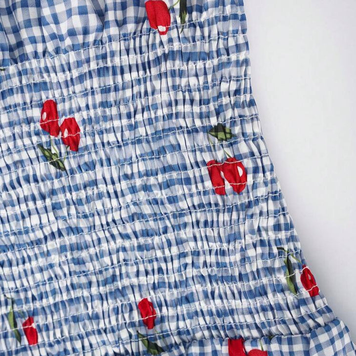 Damen Bluse mit floralem Karo-Muster und Rüschensaum Drune