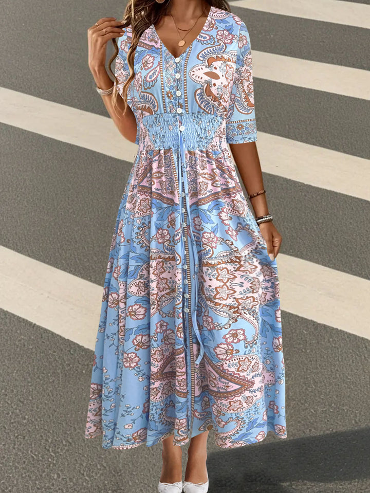 Damen Maxikleid mit Paisley‑Print, V‑Ausschnitt, Smok‑Taillenband und 3/4‑Ärmeln Drune