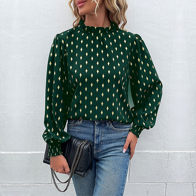 Damen Elegante Bluse mit Rüschen und Diamantenmuster Drune