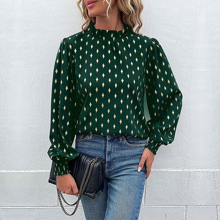 Damen Elegante Bluse mit Rüschen und Diamantenmuster Drune