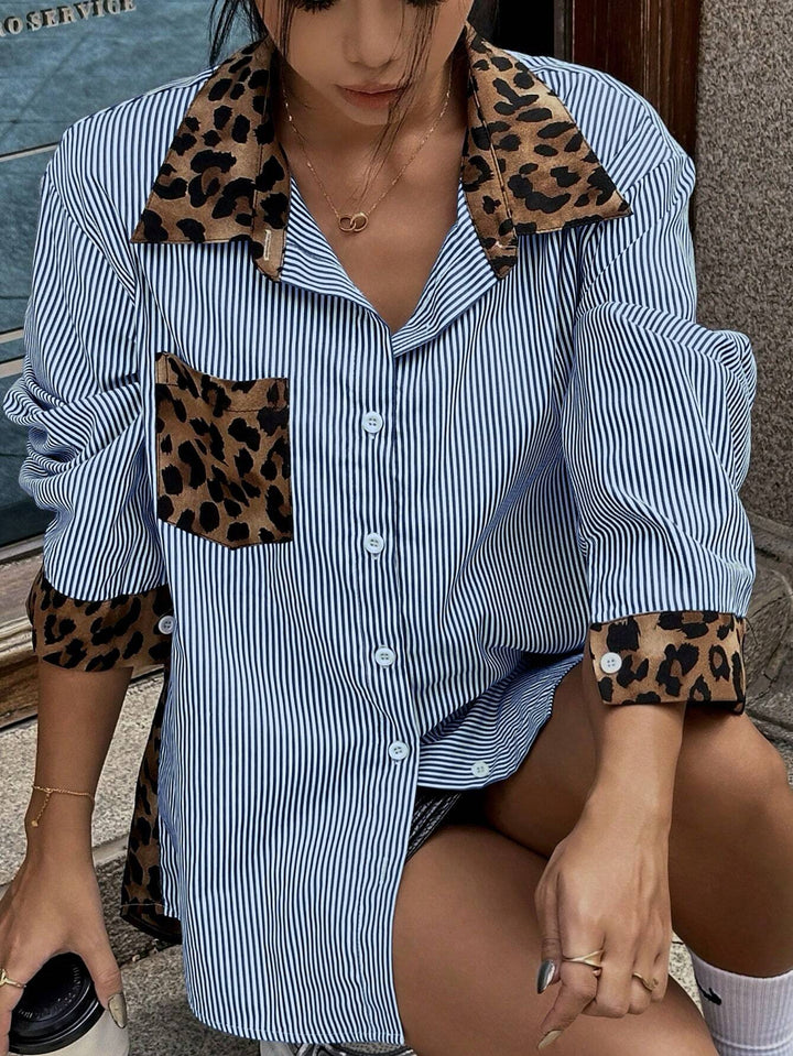 Damen Oversize-Hemdbluse mit Nadelstreifen und Leoprint-Details Drune