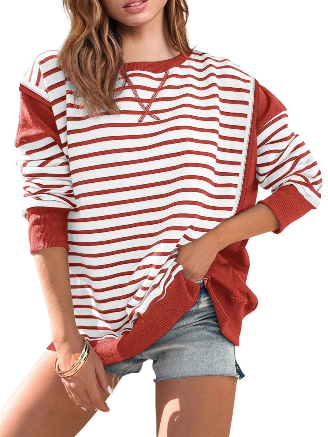 Damen gestreifter Sweatshirt mit übergroßem Schnitt Drune