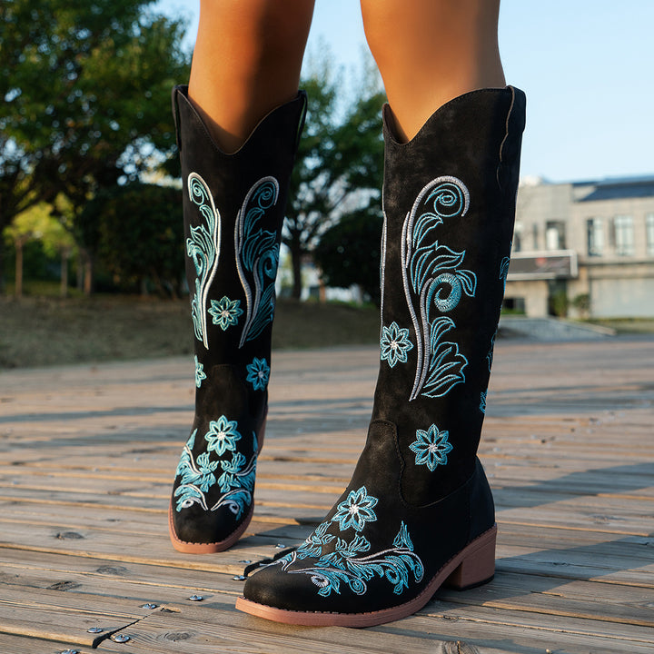 Damen Cowboy-Stiefel mit handgefertigten floralen Details und bequemem Blockabsatz Drune