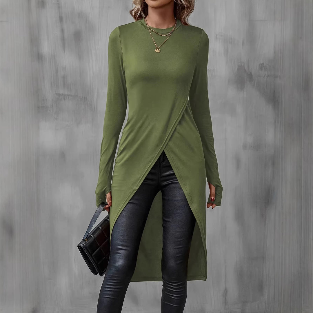 Damen Langes asymmetrisches Wickel-Tunika-Top mit Frontschlitz Drune