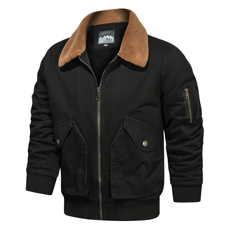 Herren Vintage Canvas Bomberjacke mit Sherpa-Kragen und verstärkten Klappentaschen Drune