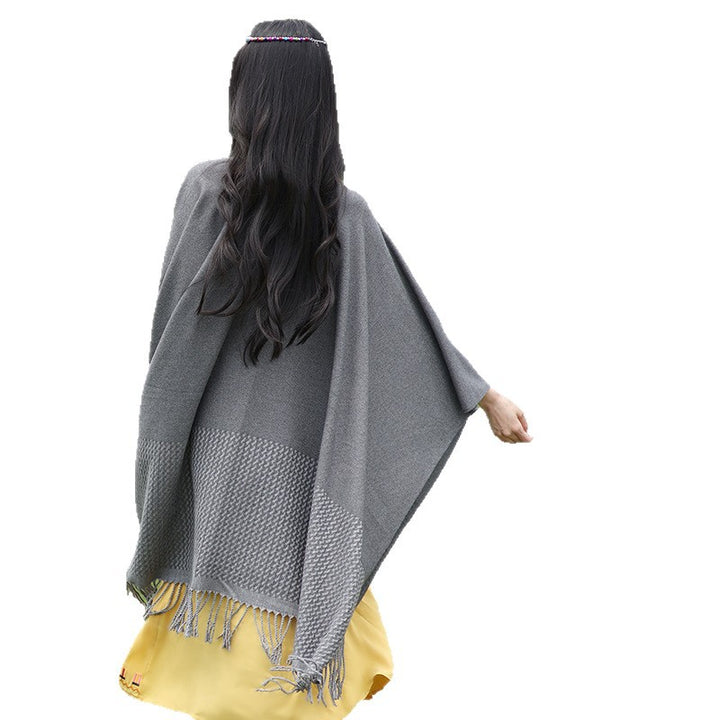 Damen Minimalistischer Wollmix-Capeponcho mit V‑Ausschnitt und Fransen Drune