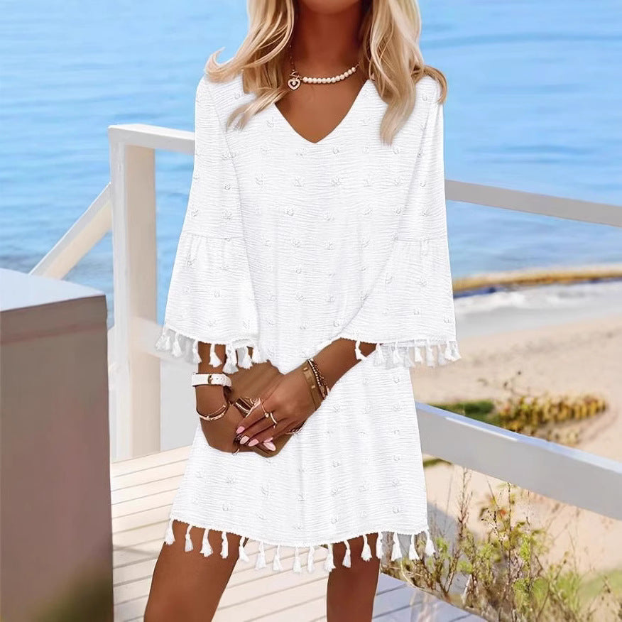Damen Strandkleid mit modischen Fransen und V-Ausschnitt Drune