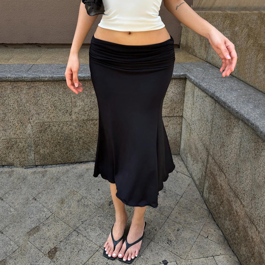 Damen eleganter, fließender Midi-Rock mit dehnbarem Bund und geschwungenem Saum Drune