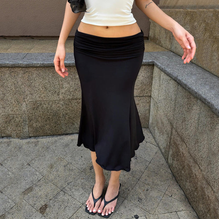 Damen eleganter, fließender Midi-Rock mit dehnbarem Bund und geschwungenem Saum Drune