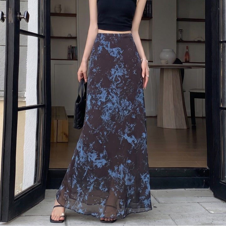 Damen nan A-Linien Maxirock mit semi-transparenter Chiffonlage und abstraktem Batik-Print Drune