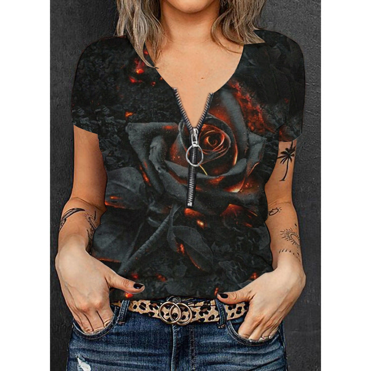 Damen Modisches T-Shirt mit Reißverschluss und floralem Design Drune