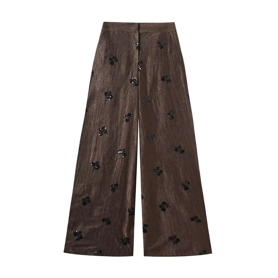 Damen Hochtaillierte Wide‑Leg‑Hose mit Glanzstruktur und Paillettenblüten Drune