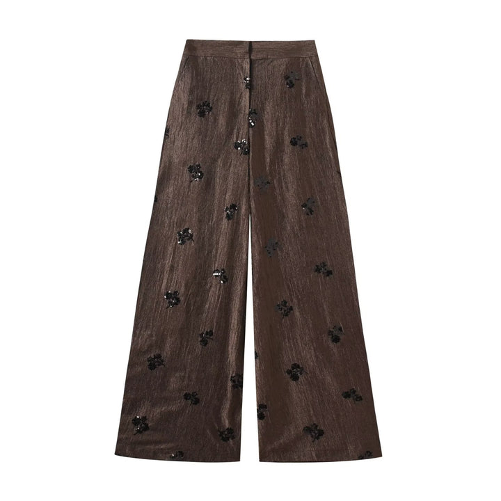 Damen Hochtaillierte Wide‑Leg‑Hose mit Glanzstruktur und Paillettenblüten Drune