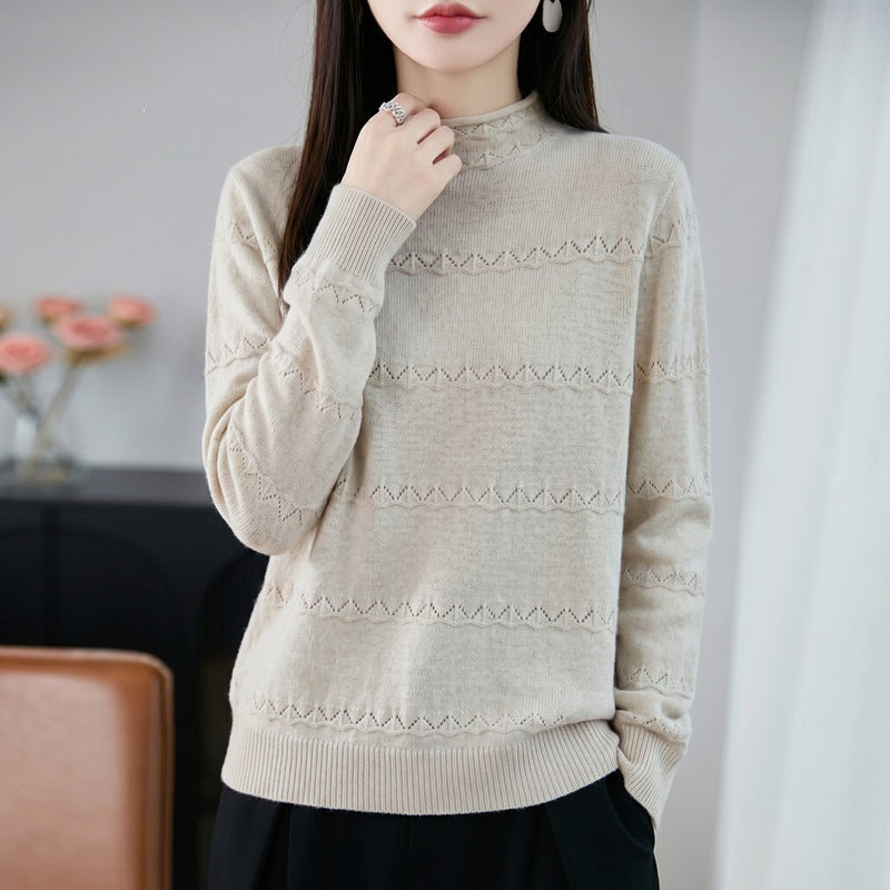 Damen Leichter Ajourstrick-Pullover mit kurzem Stehkragen und feinem Rippsaum Drune
