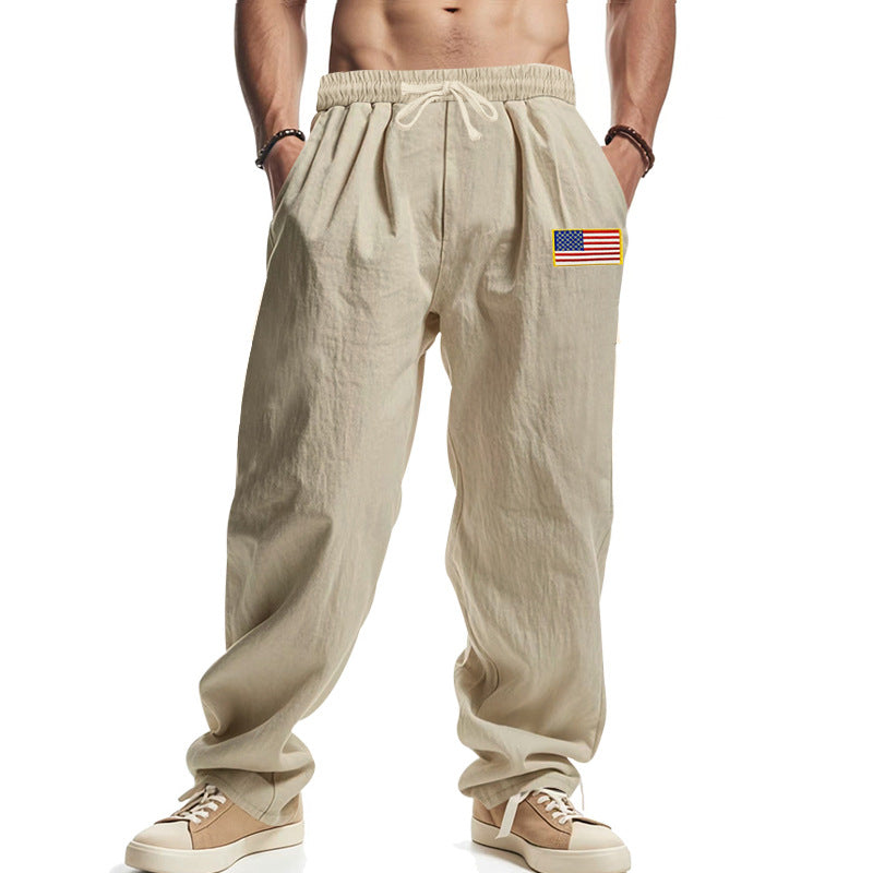 Herren Locker sitzende Freizeit-Hose im Leinen-Look mit elastischem Bund, Kordelzug & Flaggenpatch Drune