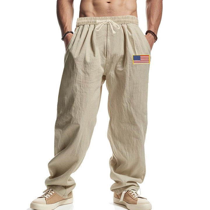 Herren Locker sitzende Freizeit-Hose im Leinen-Look mit elastischem Bund, Kordelzug & Flaggenpatch Drune