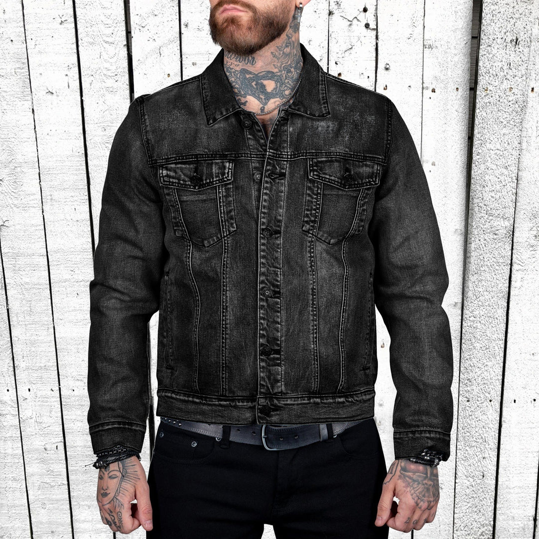 Herren nan taillierte Trucker-Denimjacke mit Pattentaschen, Metallknopfleiste und kontrastierenden Nähten Drune