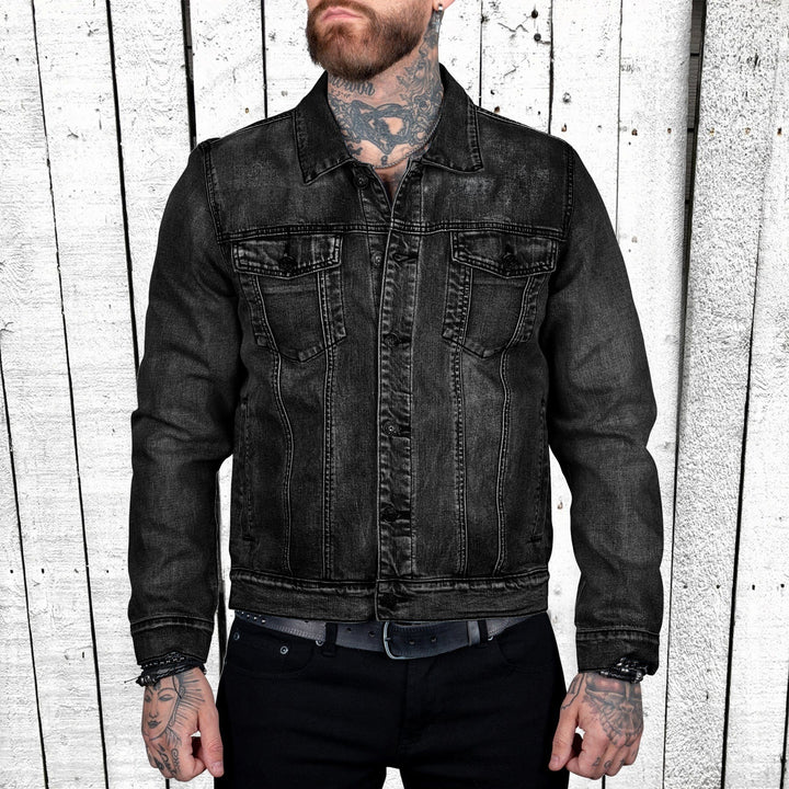Herren nan taillierte Trucker-Denimjacke mit Pattentaschen, Metallknopfleiste und kontrastierenden Nähten Drune