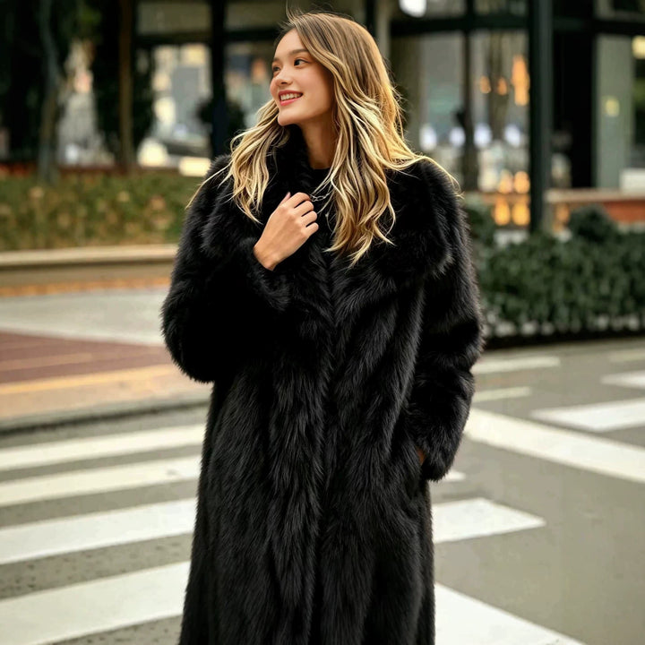 Damen Langer Hochflor‑Kunstpelzmantel mit übergroßem Reverskragen und gerader Silhouette Drune