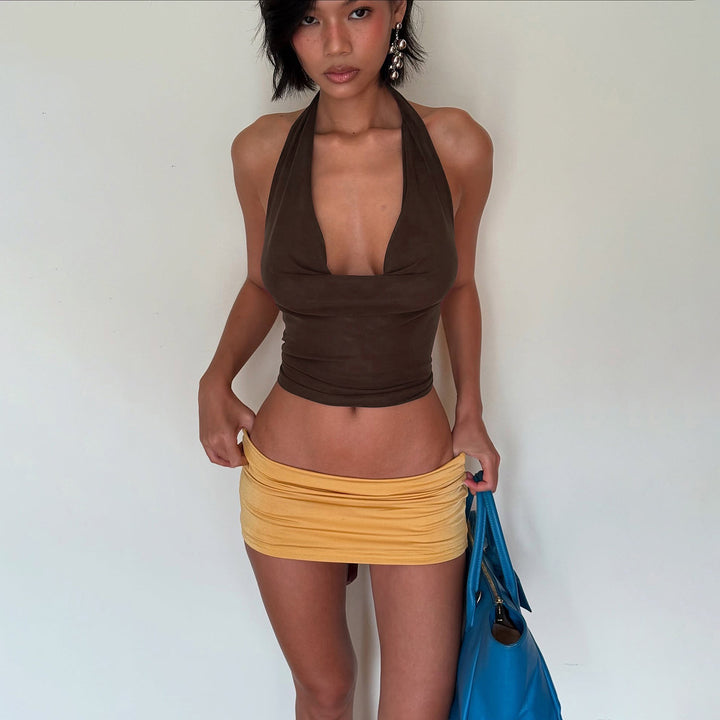 Damen figurbetontes Halter-Top mit tiefem V-Ausschnitt und elastischem Saum Drune