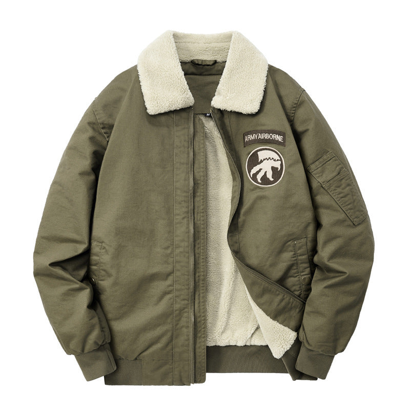 Herren Sherpagefütterte Pilotenjacke im Bomberstil mit Teddykragen und Utility‑Details Drune