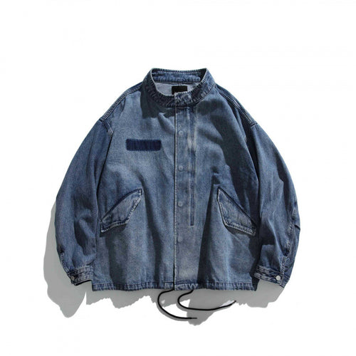 Herren Oversize-Jeansjacke mit Stehkragen, aufgesetzten Taschen und Tunnelzug Drune