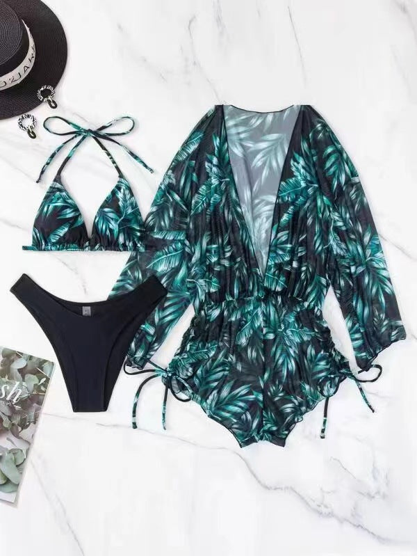 Damen Badeset mit floralem Wickeloberteil und Triangel-Bikini Drune
