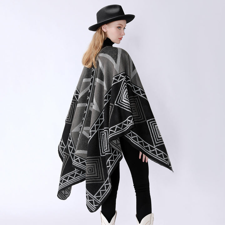 Damen Geometrischer Wollmix-Überwurfponcho mit Kettelkante Drune