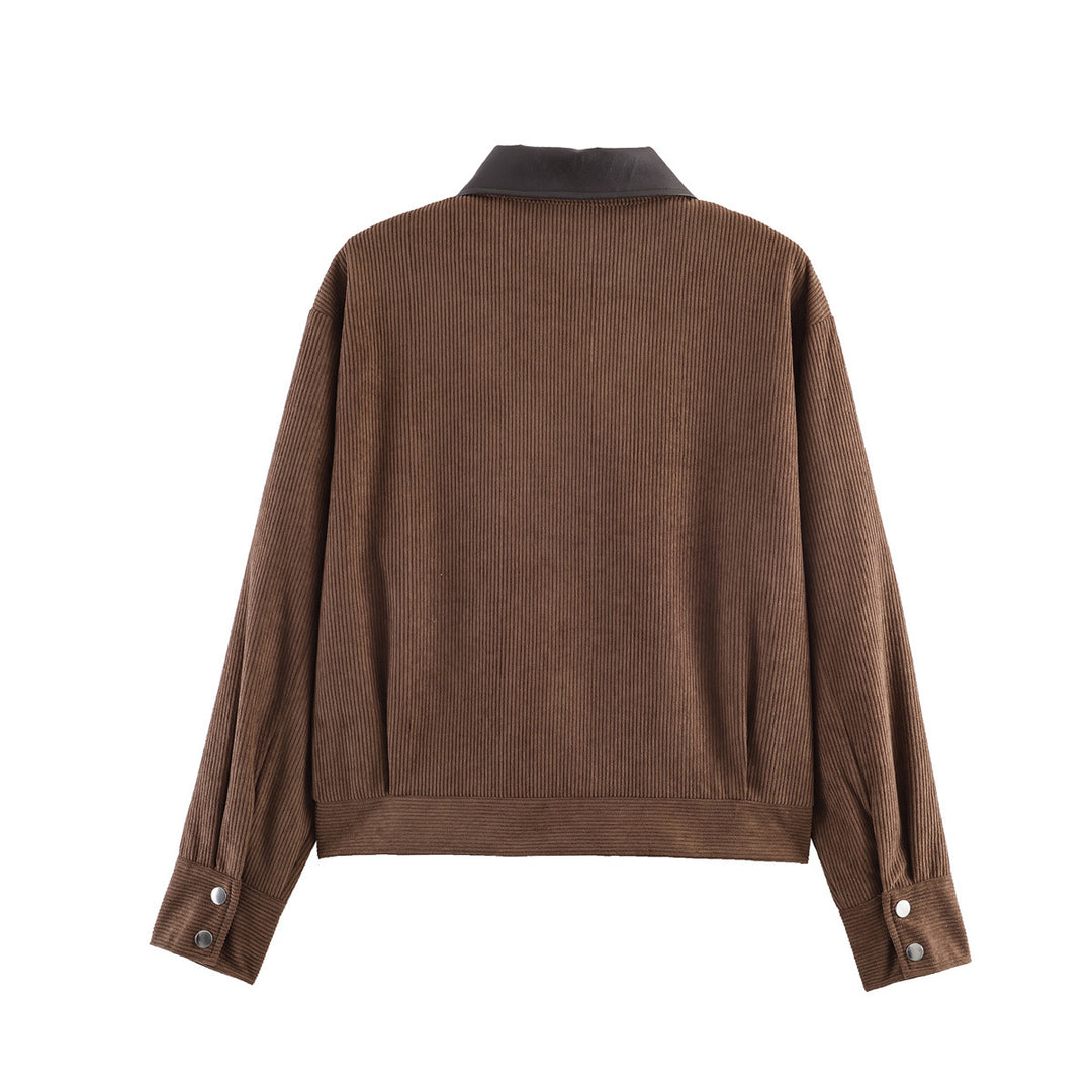 Damen Rippenstruktur-Kurzjacke mit Kunstlederkragen und Pattentaschen Drune