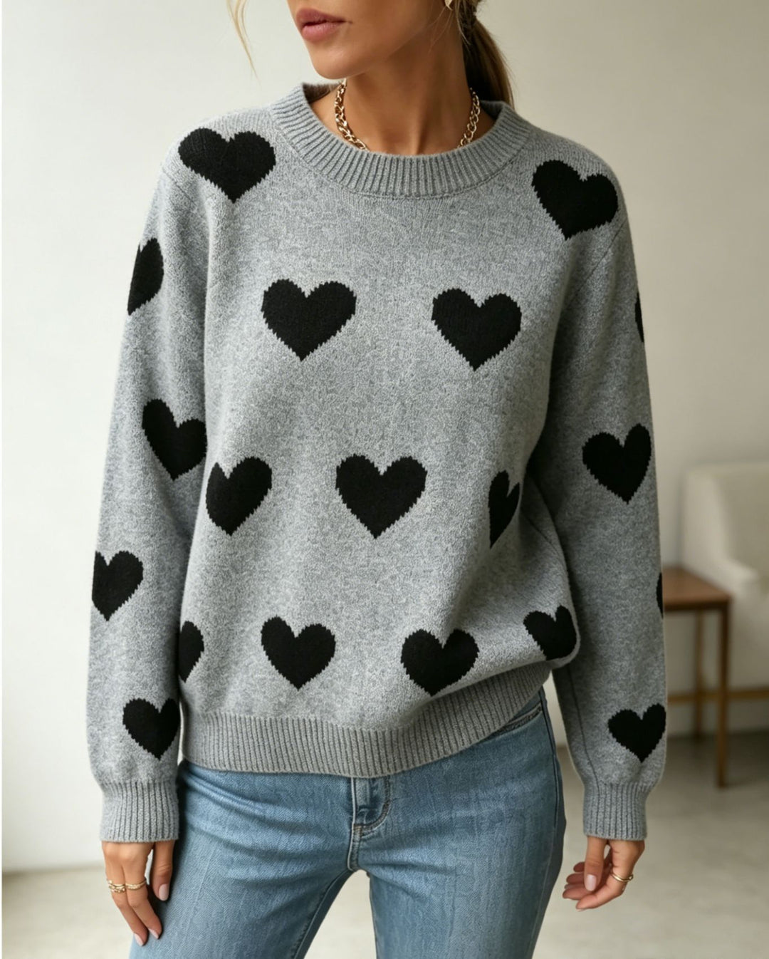 Damen Herz-Intarsien Rundhalspullover mit lässiger Oversize-Passform Drune