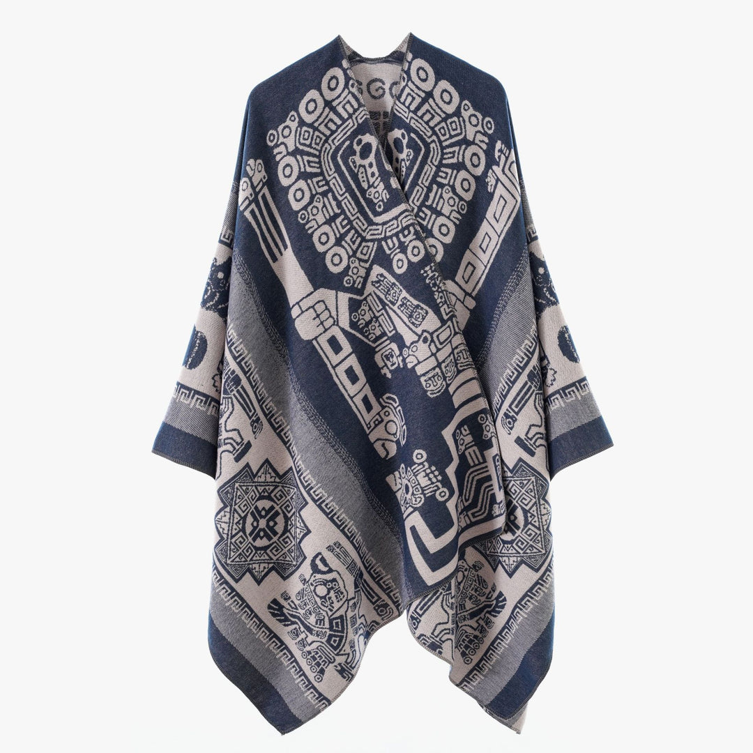Damen Oversize‑Jacquard‑Wrapcape mit geometrischem Aztekenmuster Drune